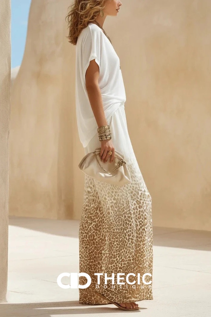 Relaxed V-Neck Leopard Print Wide Leg Set