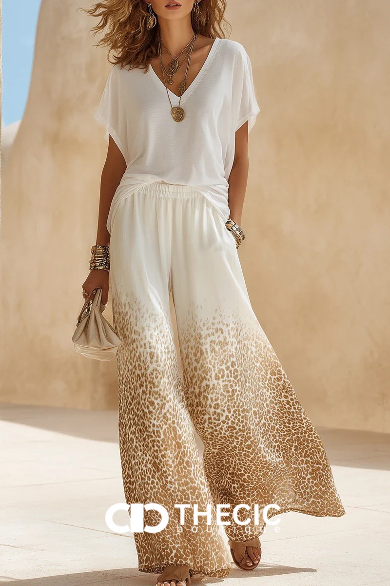 Relaxed V-Neck Leopard Print Wide Leg Set