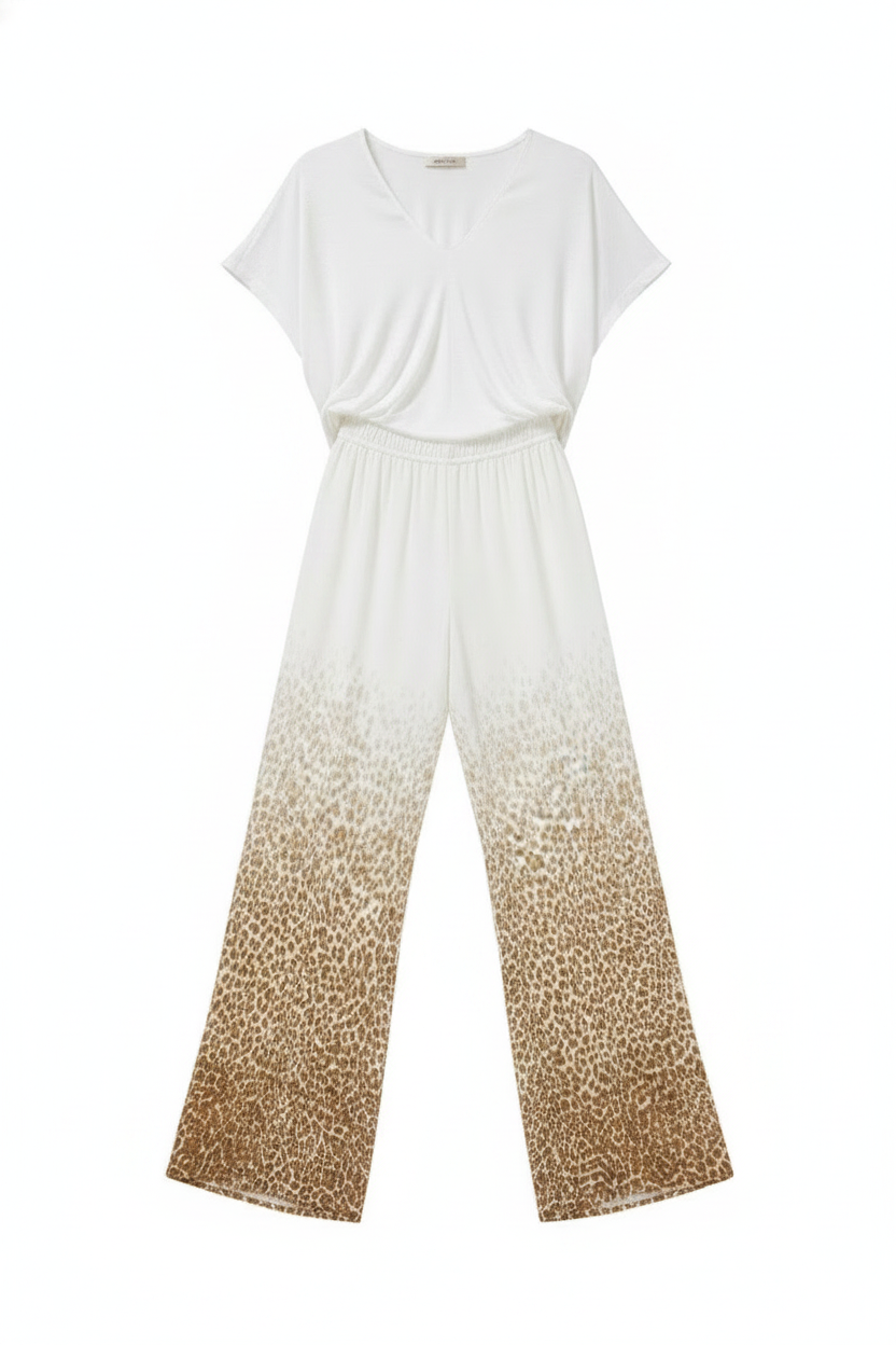Relaxed V-Neck Leopard Print Wide Leg Set