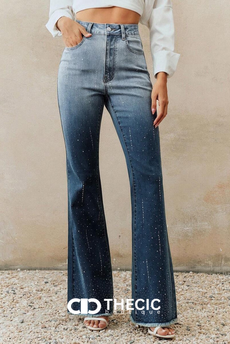 Rhinestone Embellished Gradient Wash Flare Jeans