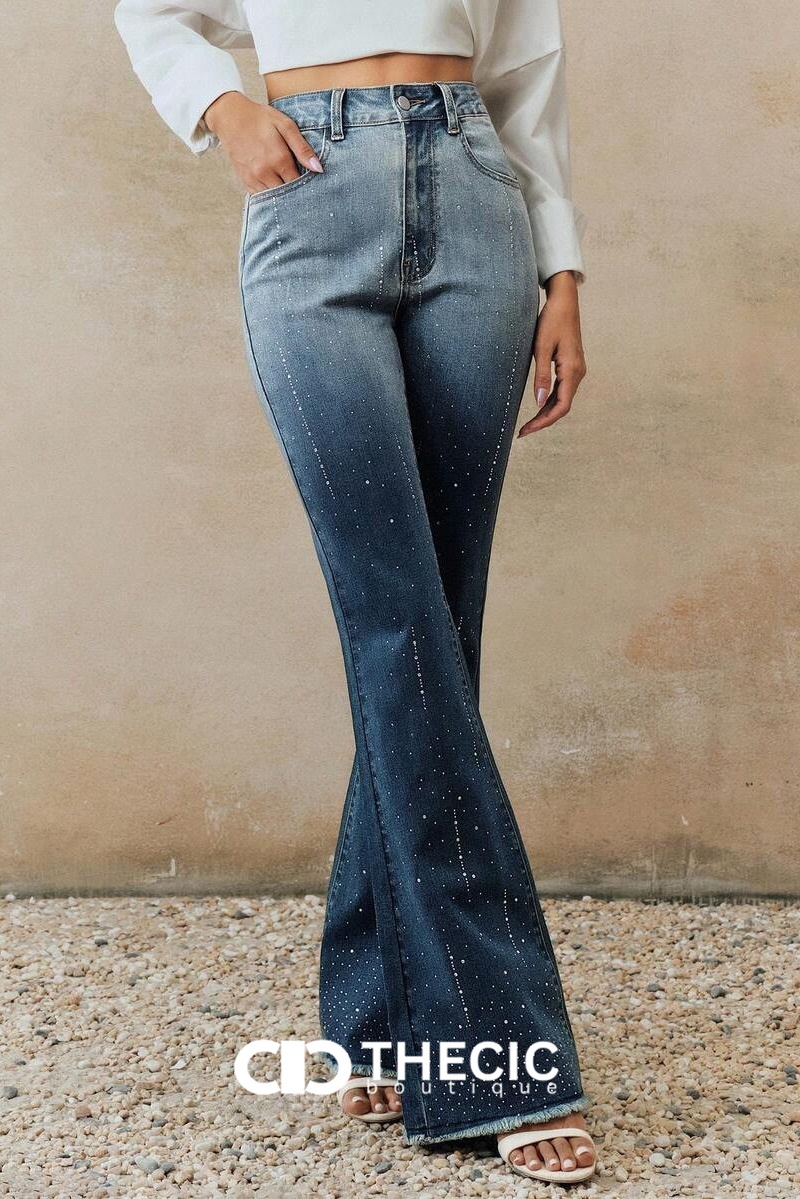 Rhinestone Embellished Gradient Wash Flare Jeans