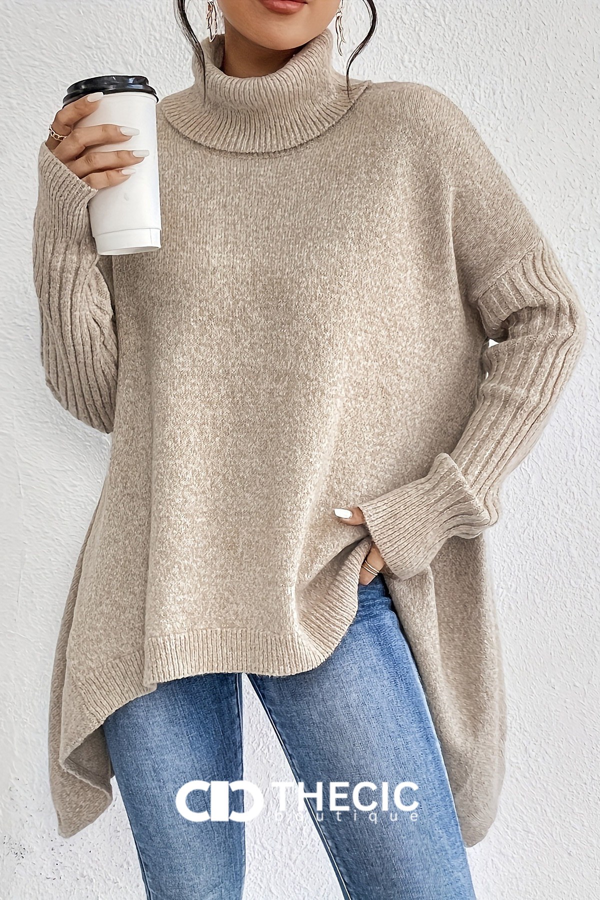 Ribbed Cuff Asymmetrical Hem Turtleneck Sweater