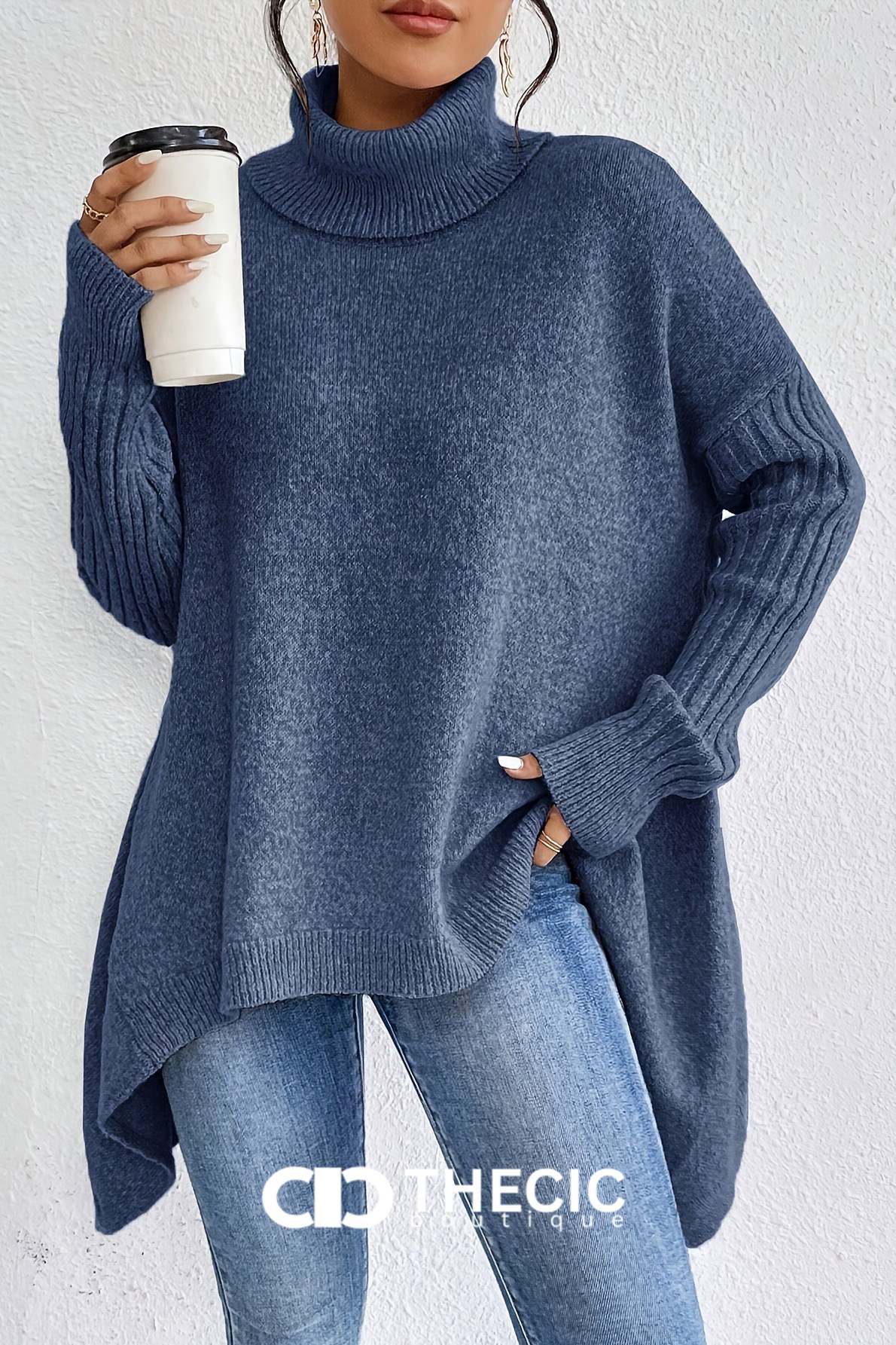 Ribbed Cuff Asymmetrical Hem Turtleneck Sweater