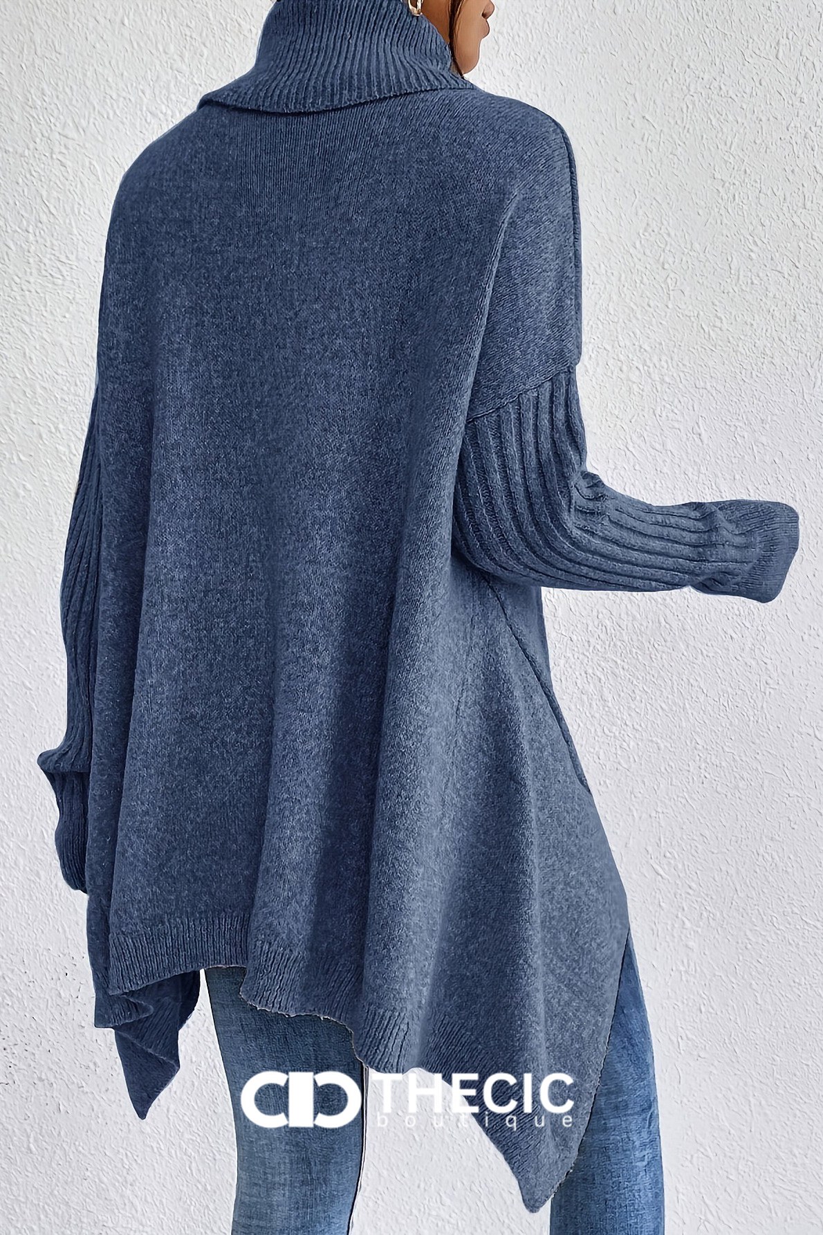 Ribbed Cuff Asymmetrical Hem Turtleneck Sweater