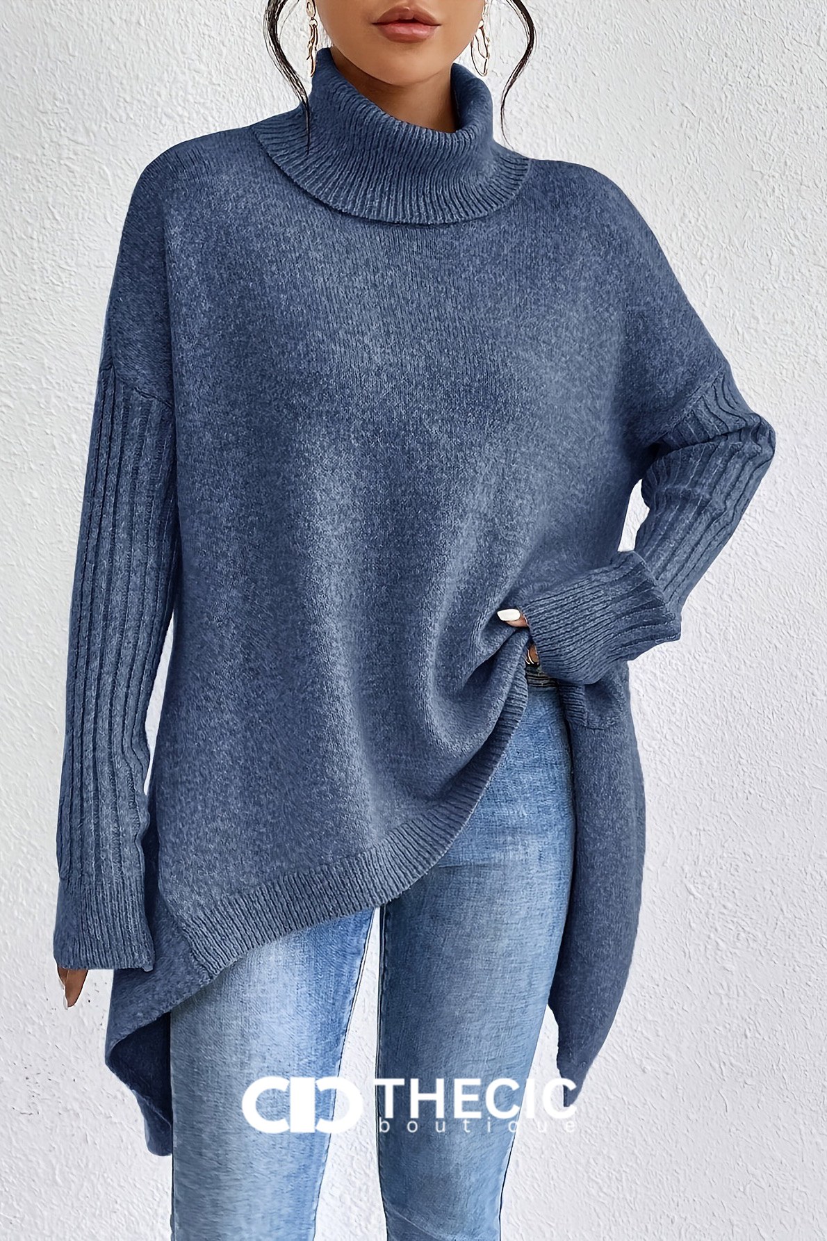 Ribbed Cuff Asymmetrical Hem Turtleneck Sweater