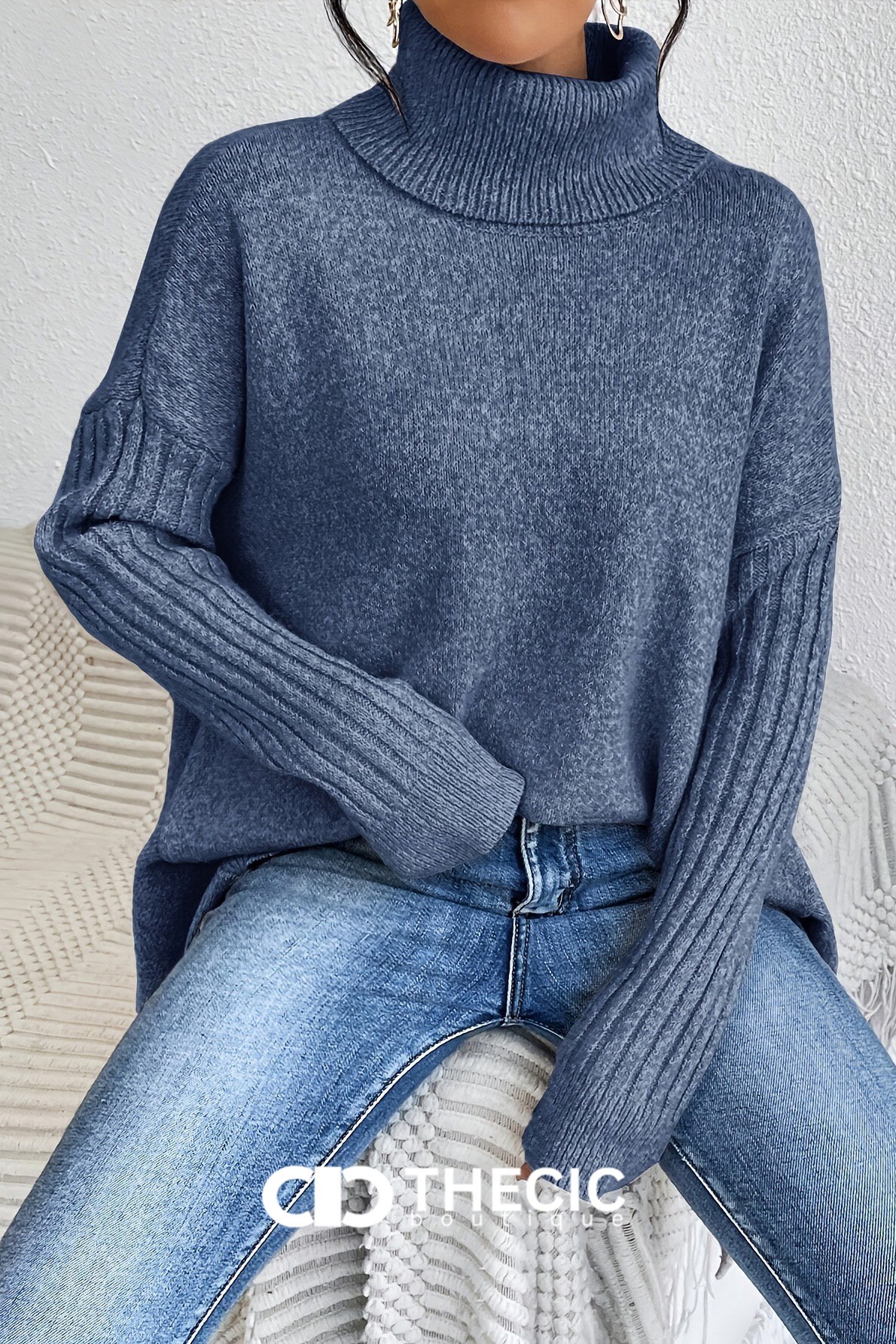 Ribbed Cuff Asymmetrical Hem Turtleneck Sweater