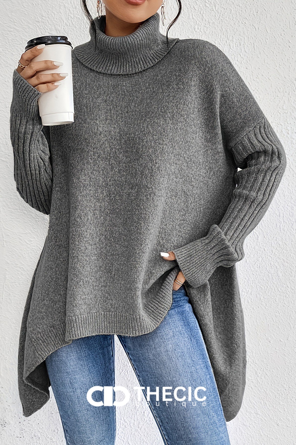 Ribbed Cuff Asymmetrical Hem Turtleneck Sweater