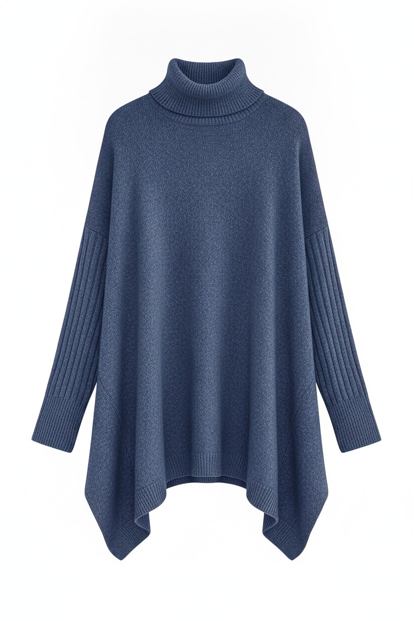 Ribbed Cuff Asymmetrical Hem Turtleneck Sweater