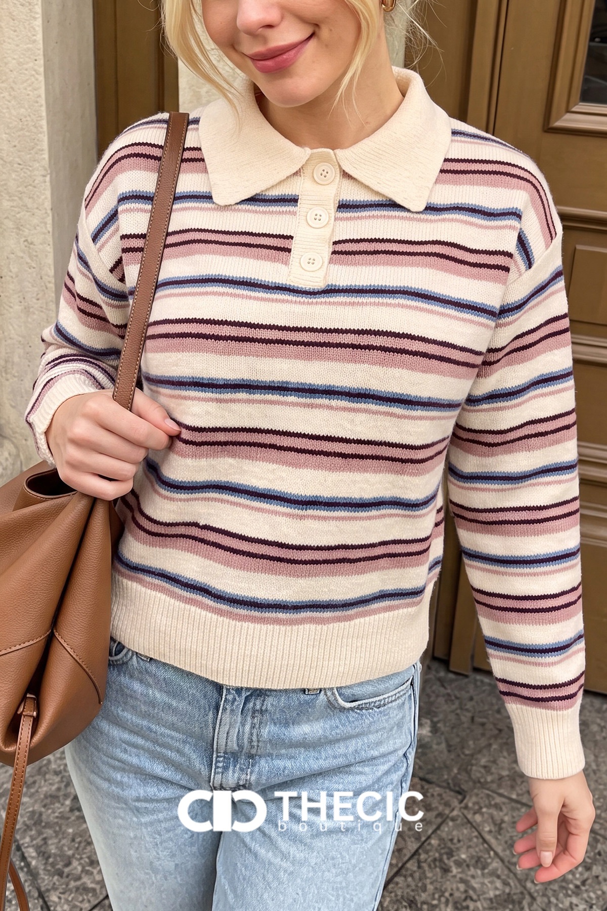 Ribbed Hem Striped Knit Polo Sweater