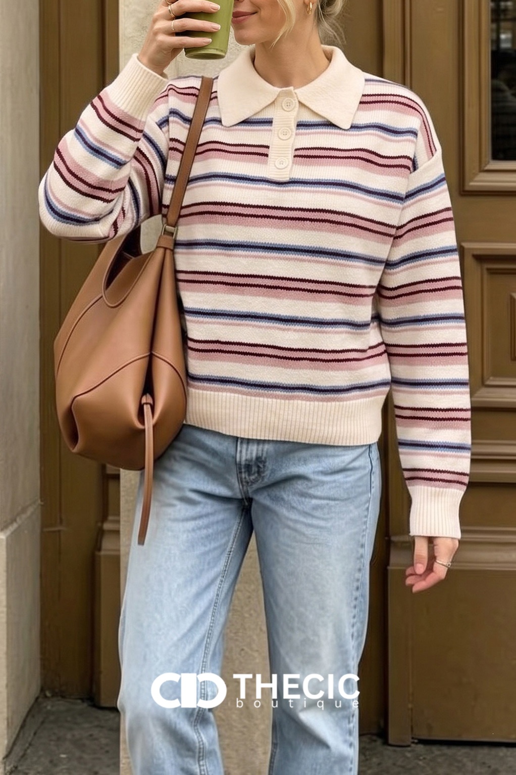 Ribbed Hem Striped Knit Polo Sweater