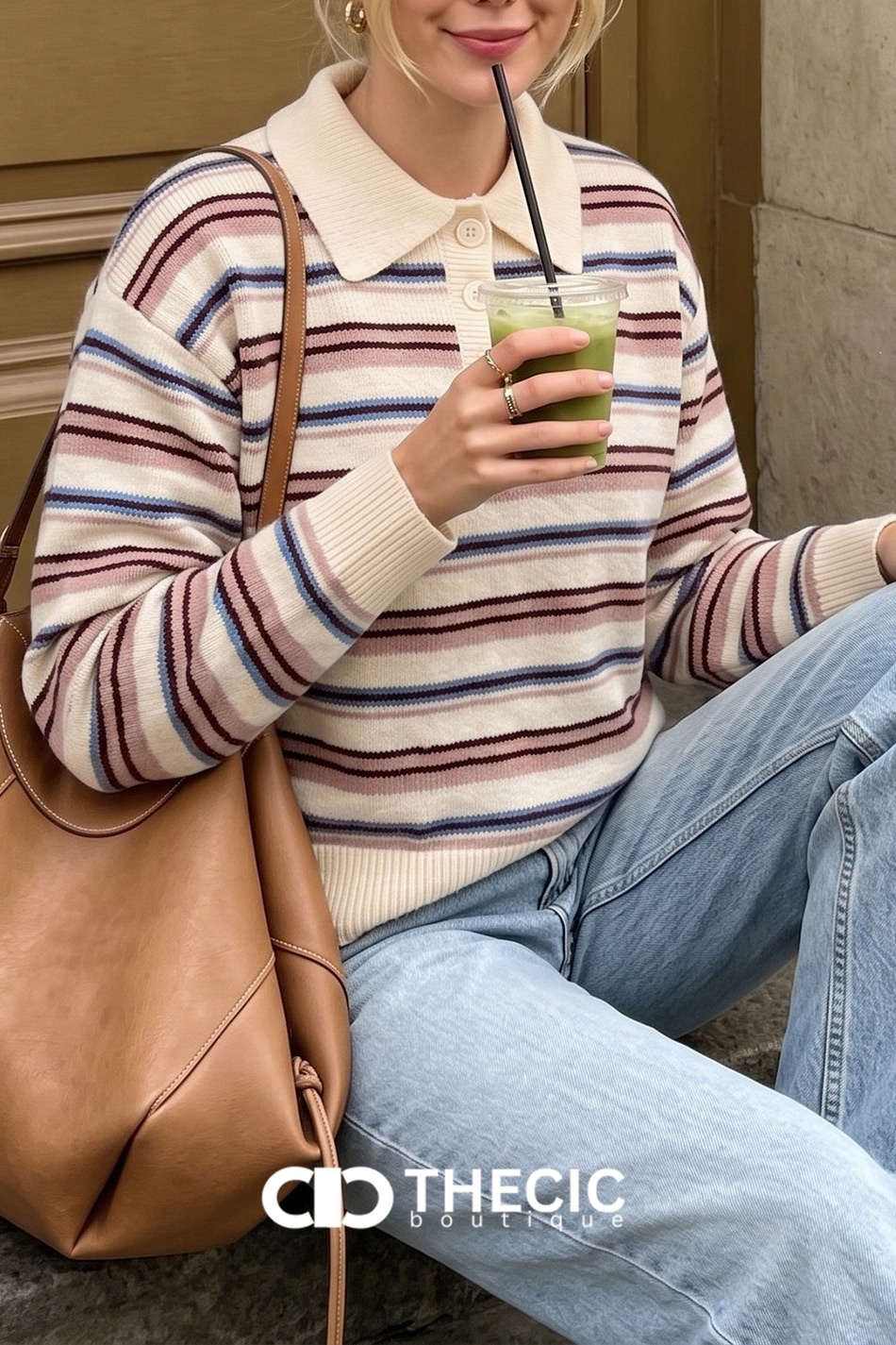 Ribbed Hem Striped Knit Polo Sweater