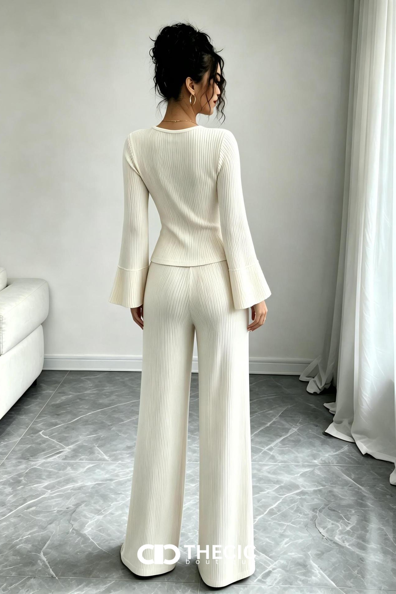 Ribbed Knit Bell Sleeve Wide Leg Two-Piece Set