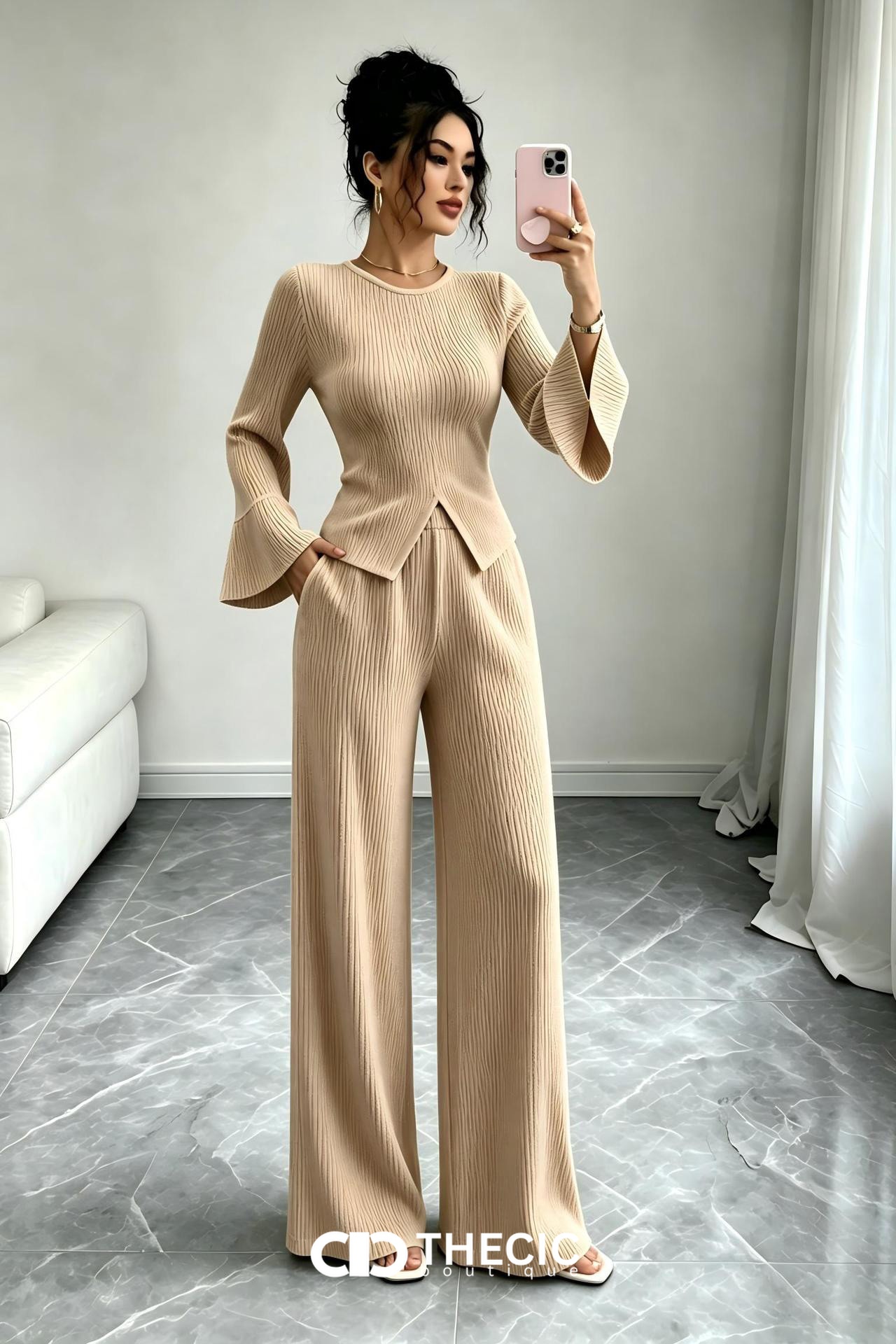 Ribbed Knit Bell Sleeve Wide Leg Two-Piece Set