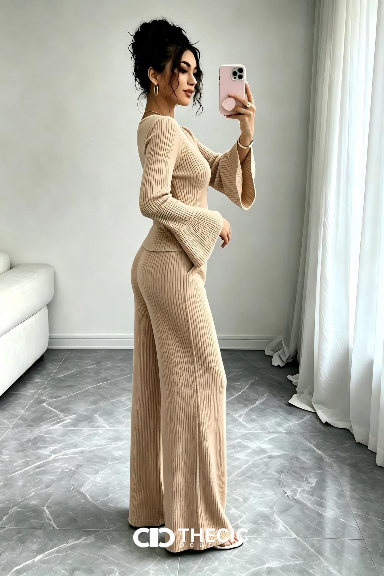 Ribbed Knit Bell Sleeve Wide Leg Two-Piece Set