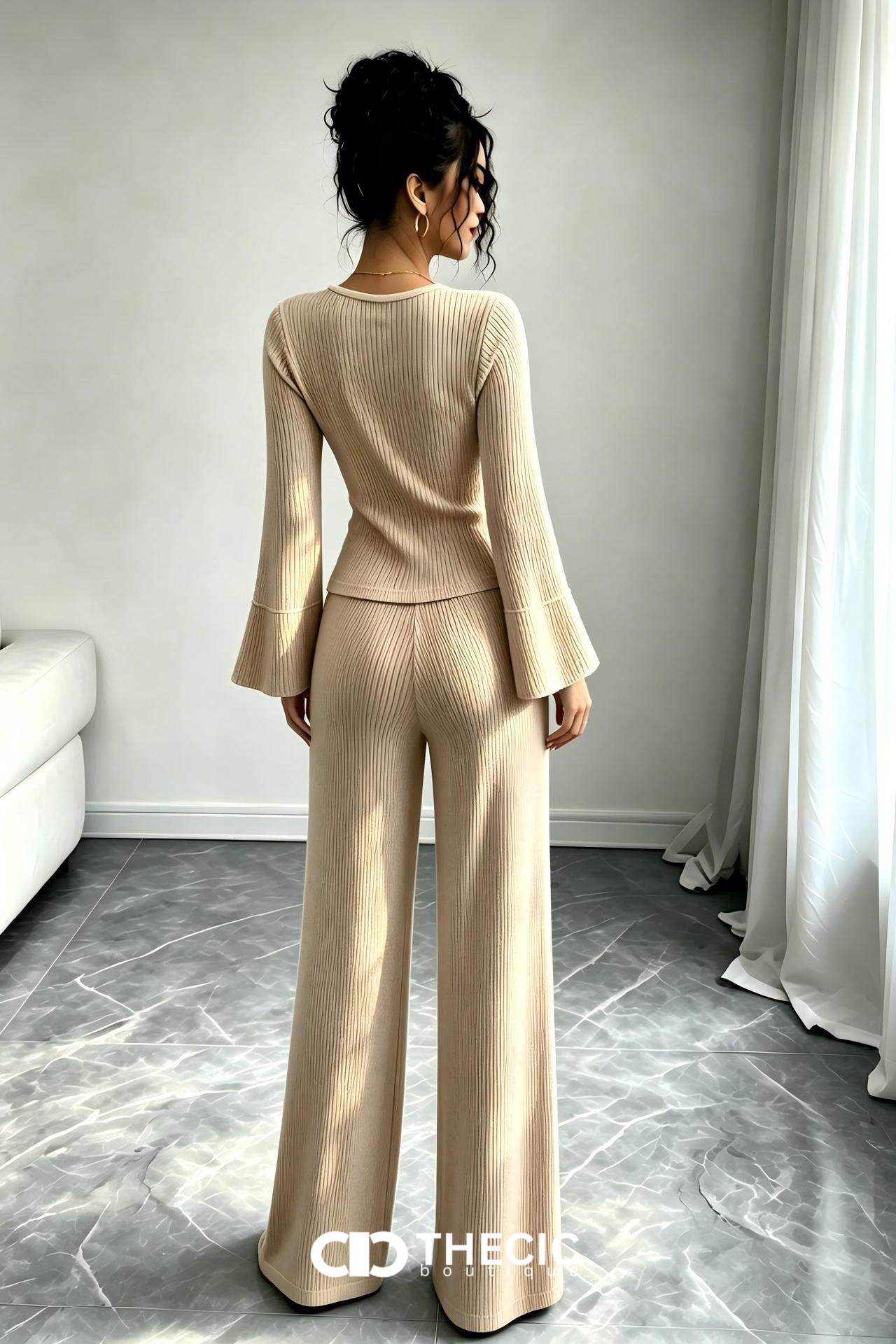 Ribbed Knit Bell Sleeve Wide Leg Two-Piece Set