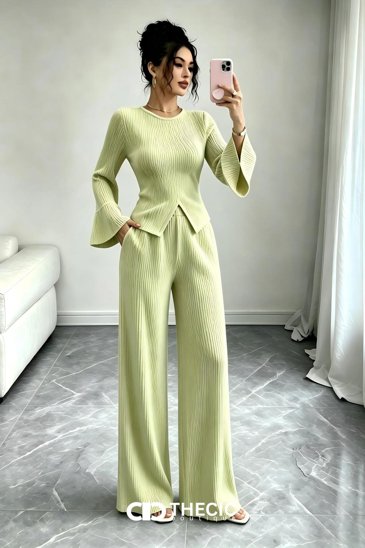 Ribbed Knit Bell Sleeve Wide Leg Two-Piece Set