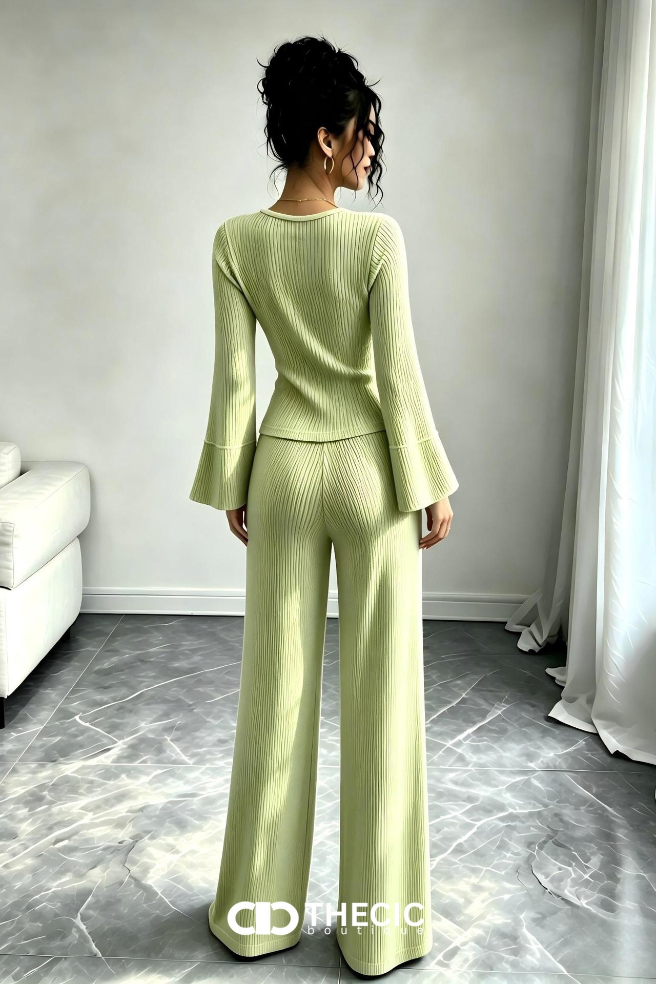 Ribbed Knit Bell Sleeve Wide Leg Two-Piece Set