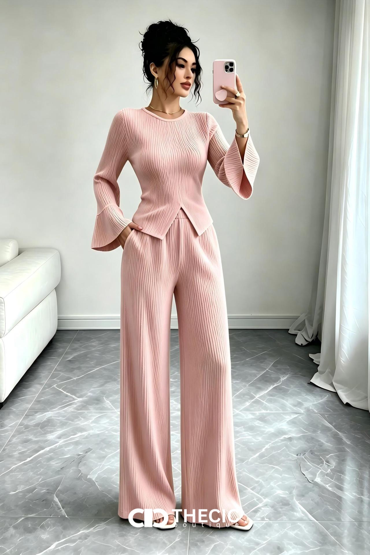 Ribbed Knit Bell Sleeve Wide Leg Two-Piece Set