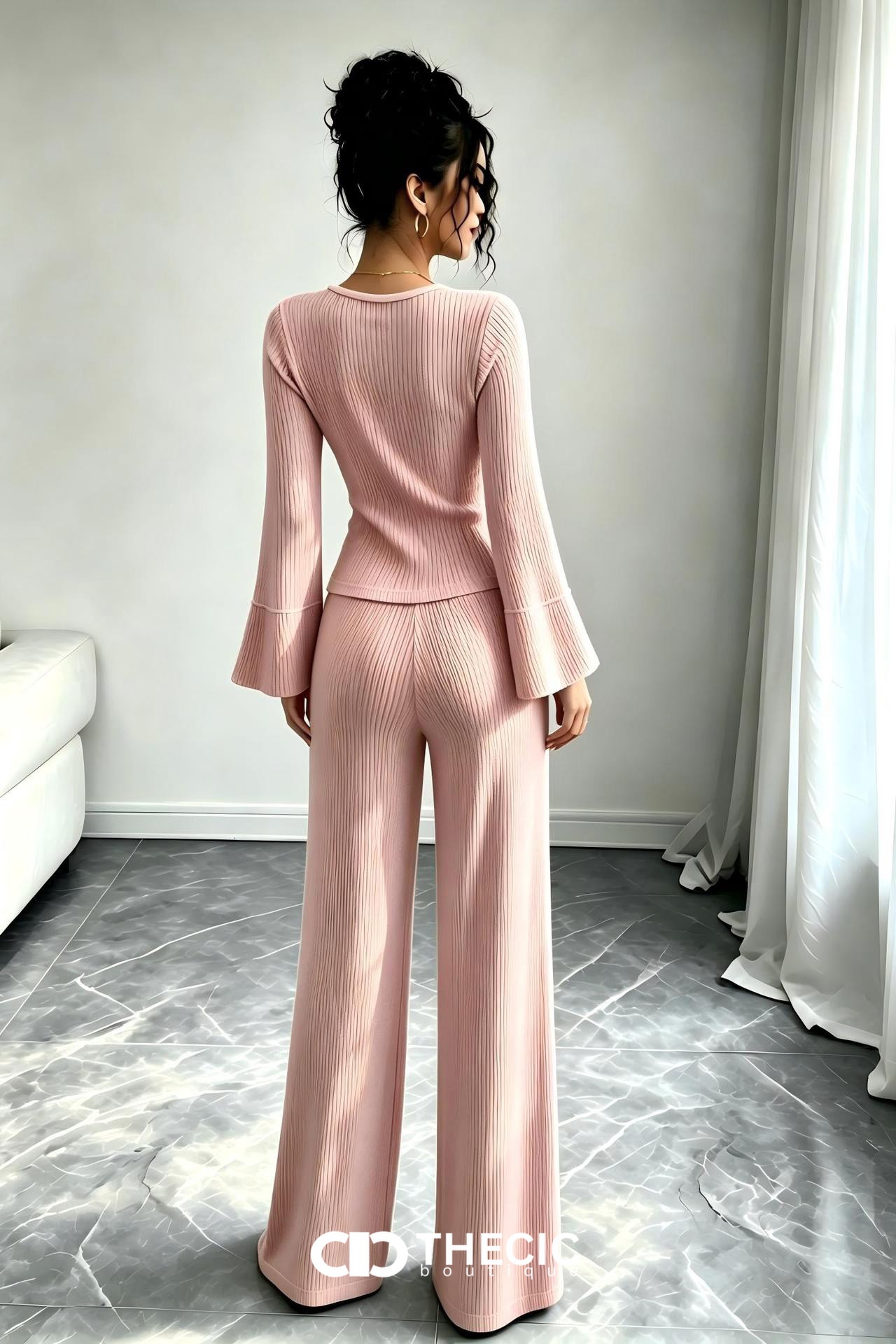 Ribbed Knit Bell Sleeve Wide Leg Two-Piece Set