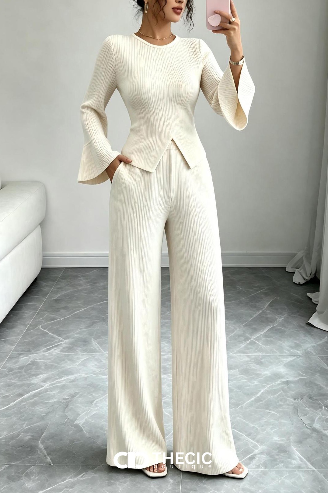 Ribbed Knit Bell Sleeve Wide Leg Two-Piece Set