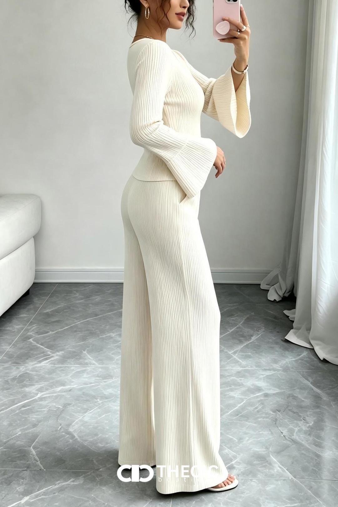 Ribbed Knit Bell Sleeve Wide Leg Two-Piece Set