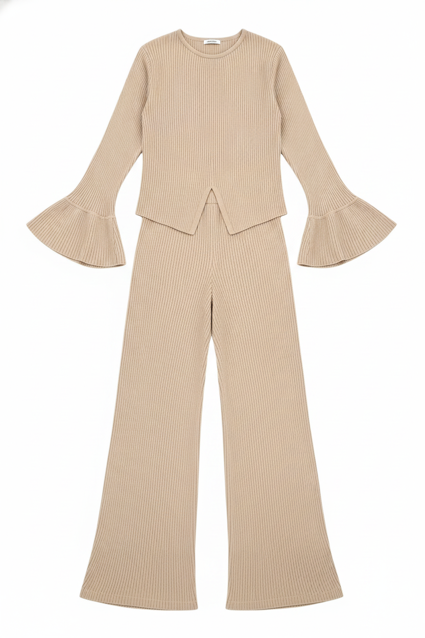 Ribbed Knit Bell Sleeve Wide Leg Two-Piece Set