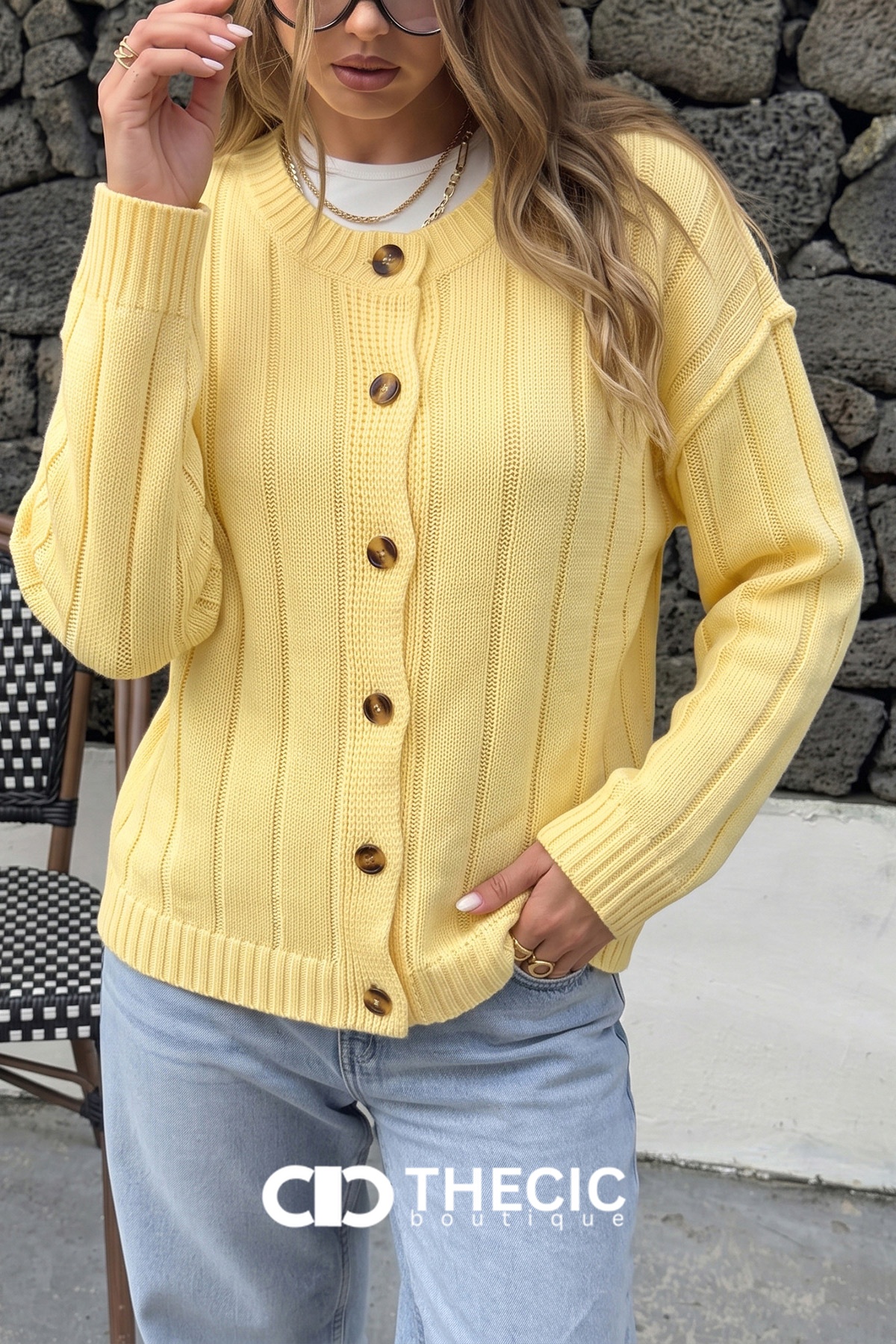 Ribbed Knit Button-Front Round Neck Cardigan