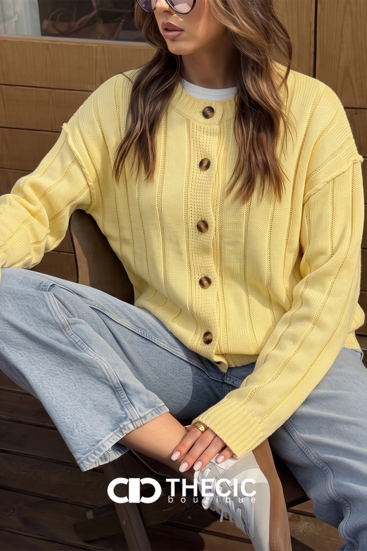 Ribbed Knit Button-Front Round Neck Cardigan