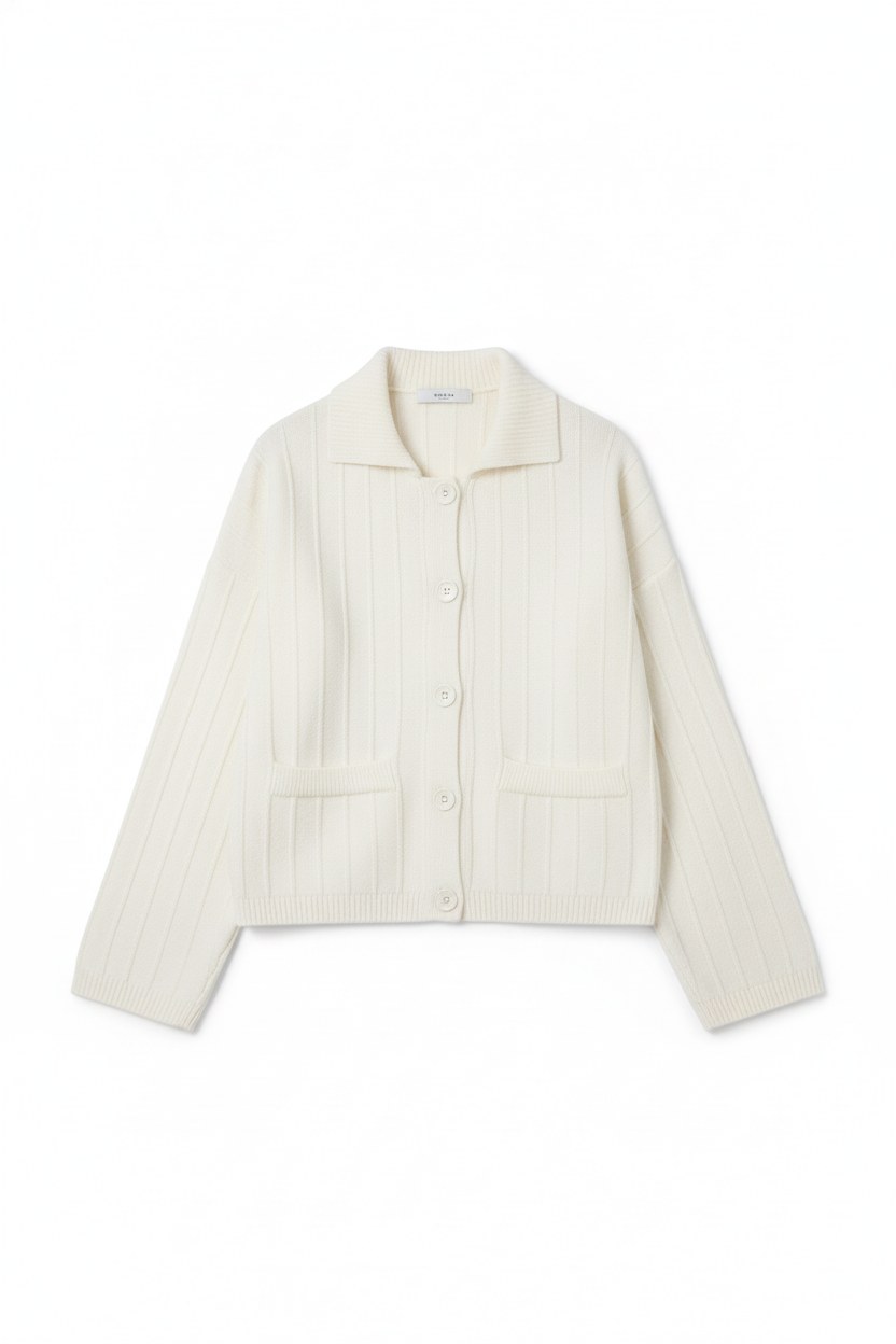 Ribbed Knit Collared Button-Front Wide-Sleeve Cardigan