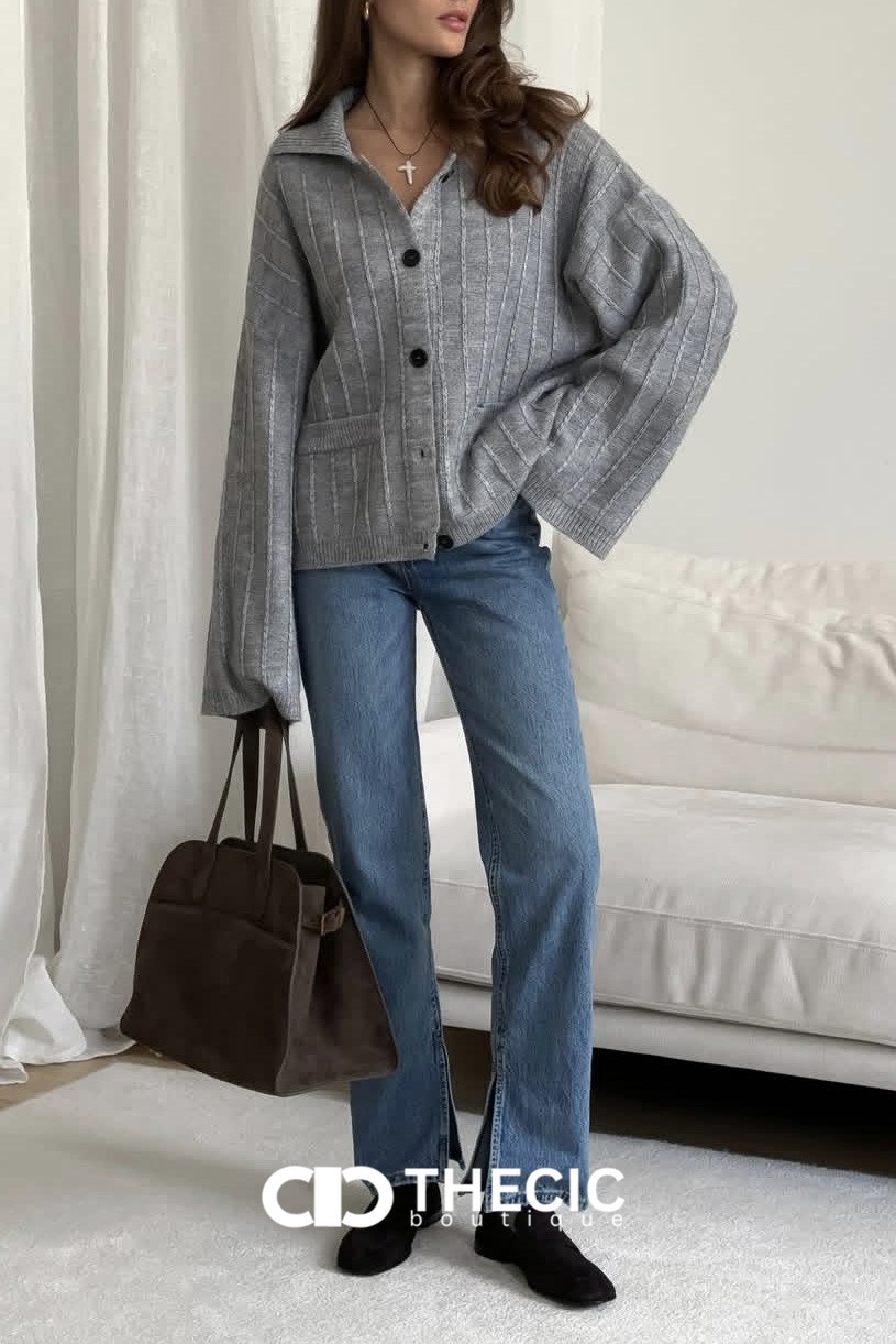 Ribbed Knit Collared Button-Front Wide-Sleeve Cardigan