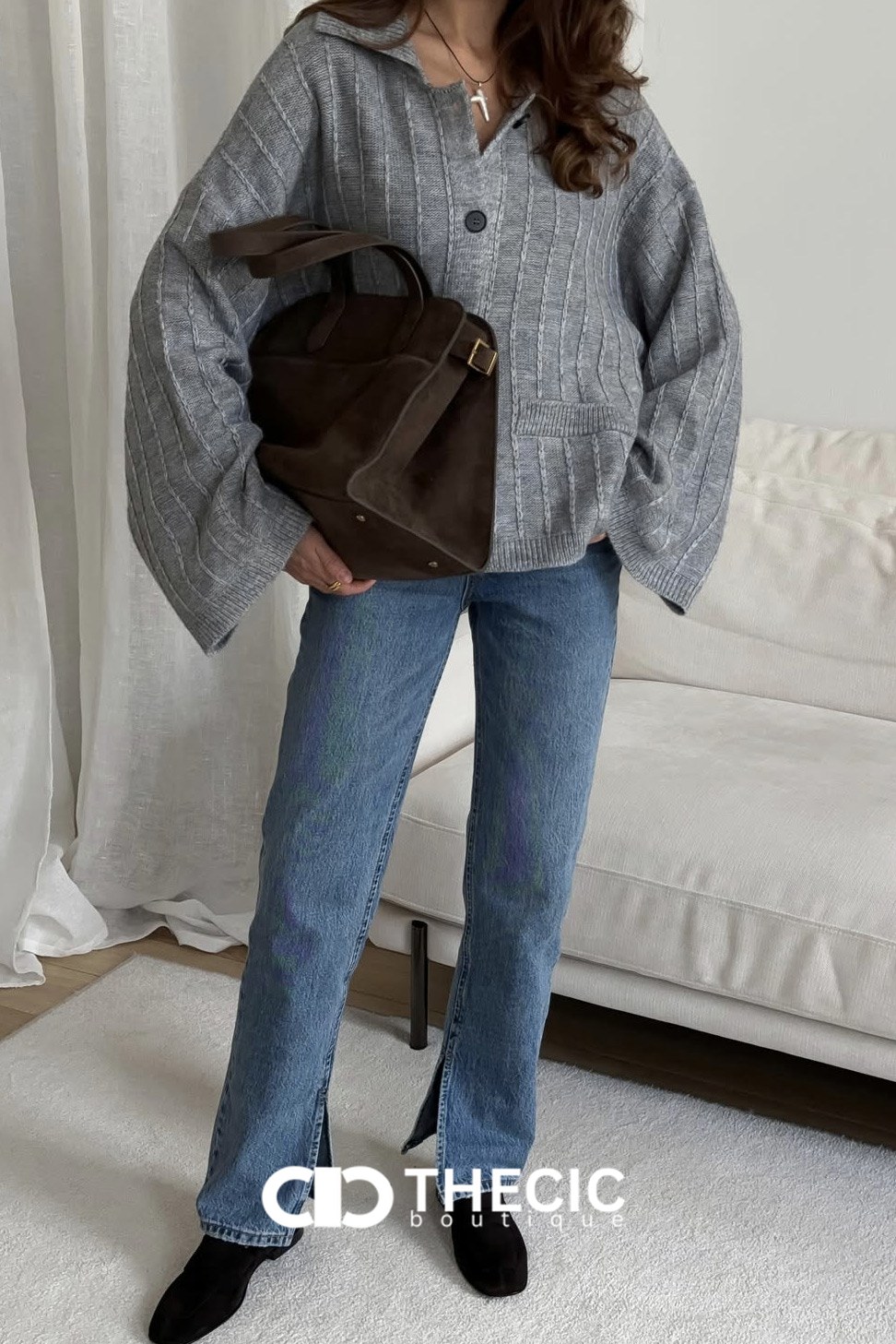 Ribbed Knit Collared Button-Front Wide-Sleeve Cardigan