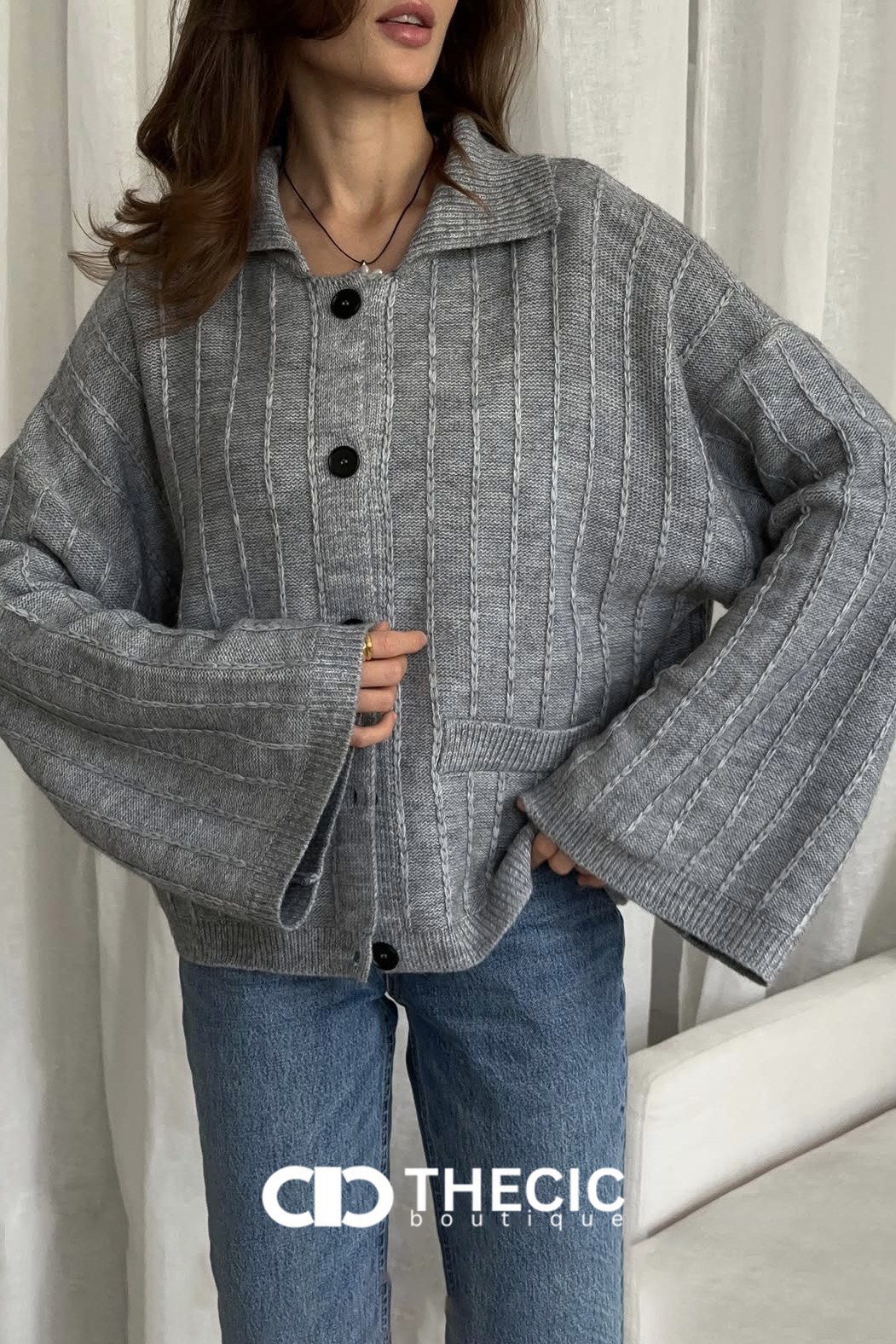 Ribbed Knit Collared Button-Front Wide-Sleeve Cardigan