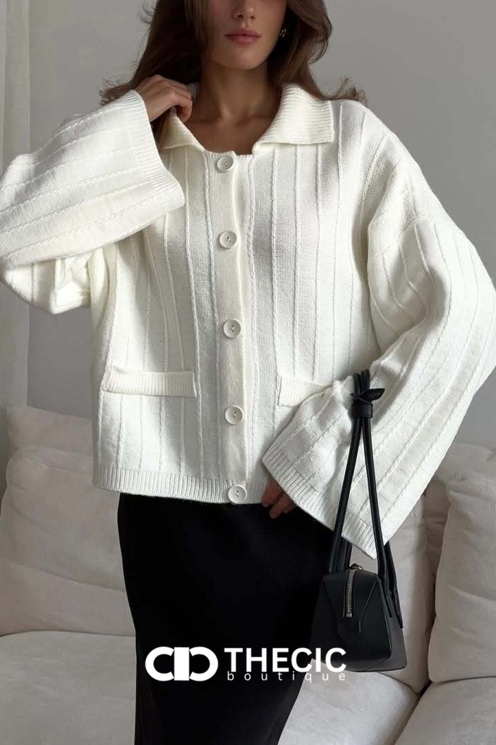 Ribbed Knit Collared Button-Front Wide-Sleeve Cardigan