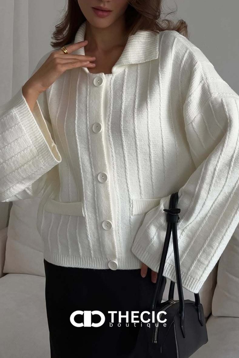 Ribbed Knit Collared Button-Front Wide-Sleeve Cardigan
