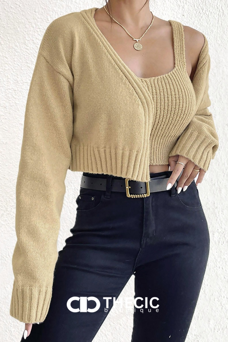 Ribbed Knit Crop Cami Cardigan Two-Piece Set