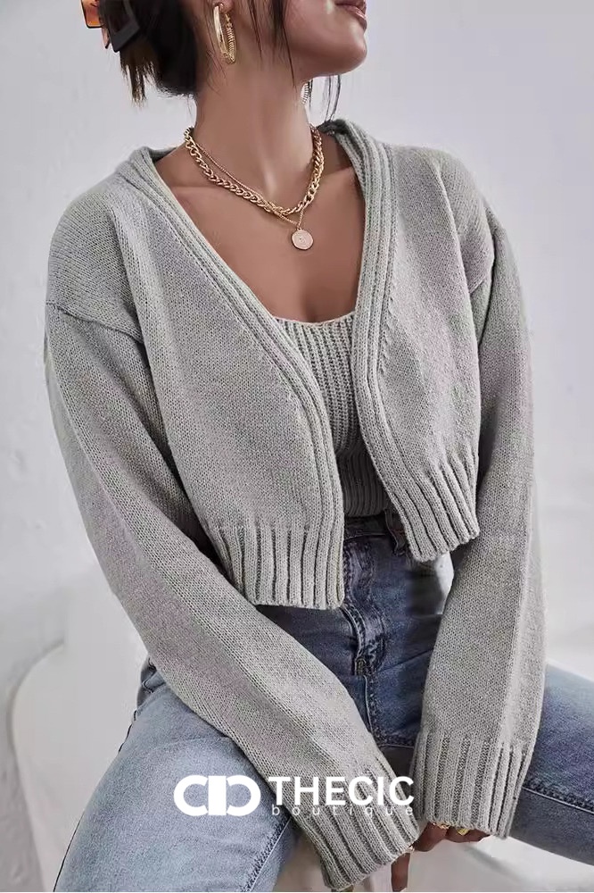 Ribbed Knit Crop Cami Cardigan Two-Piece Set