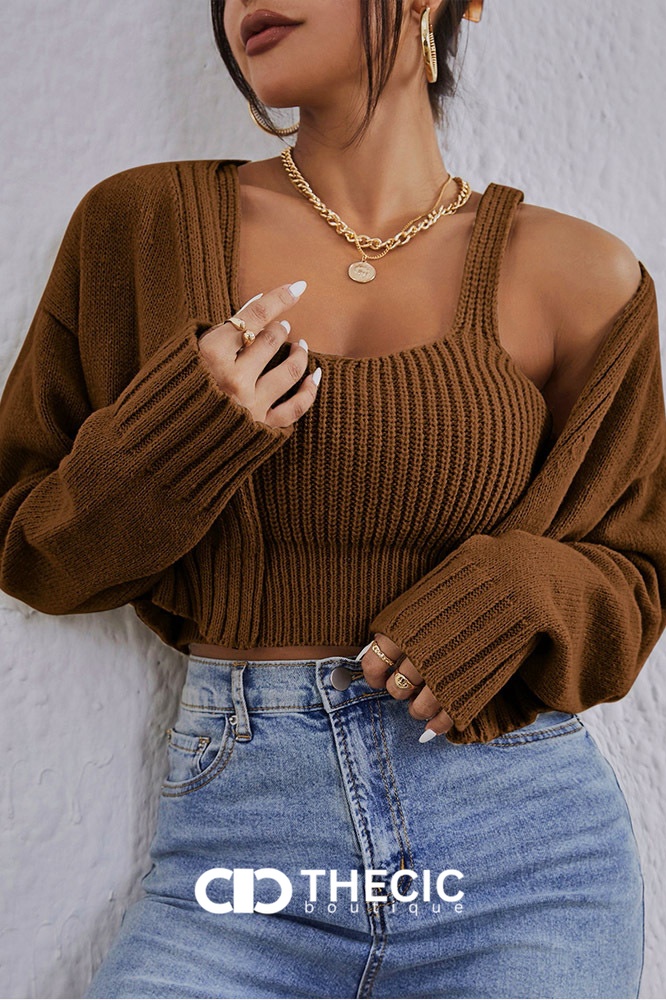 Ribbed Knit Crop Cami Cardigan Two-Piece Set