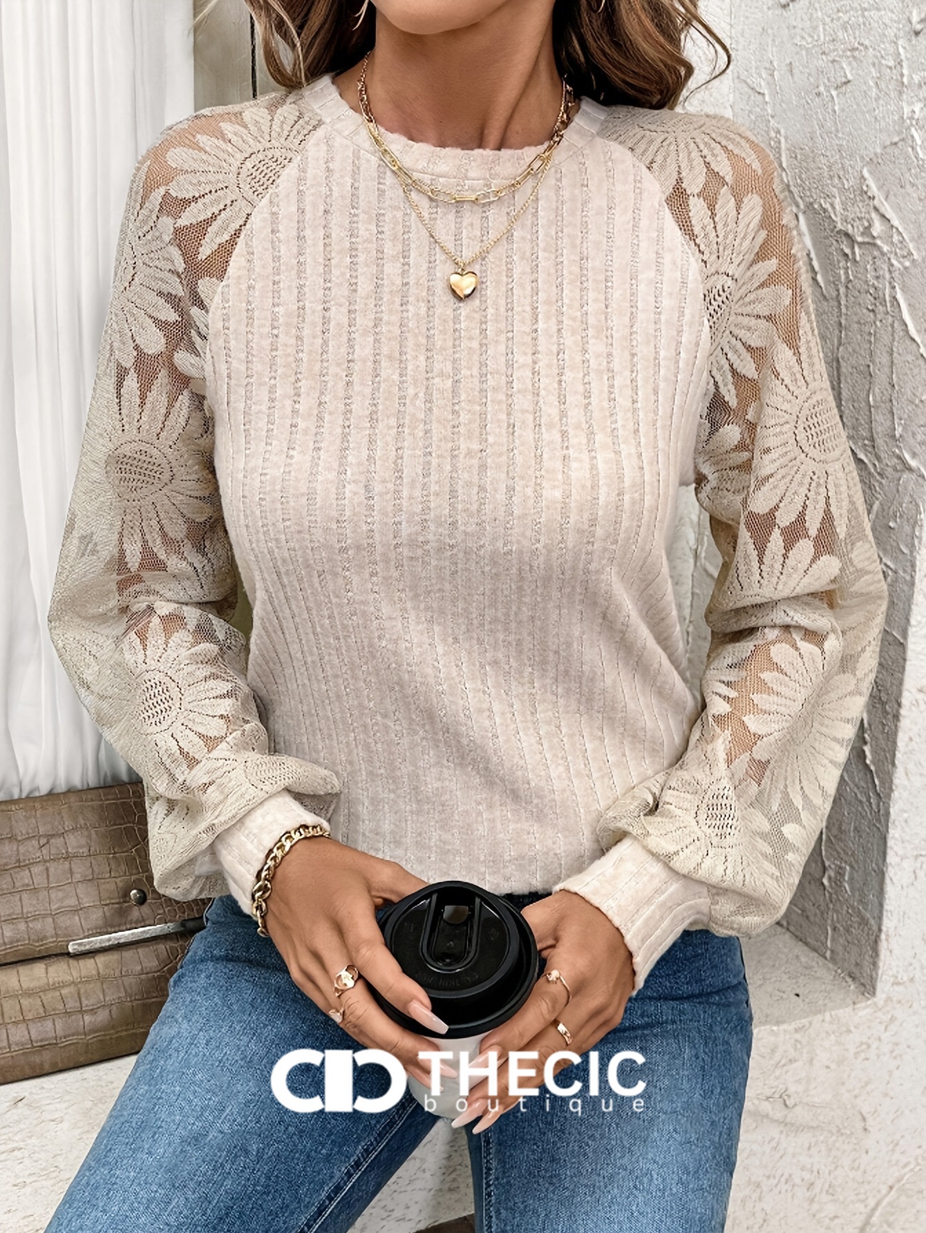 Ribbed Knit Floral Lace Raglan Sleeve Top