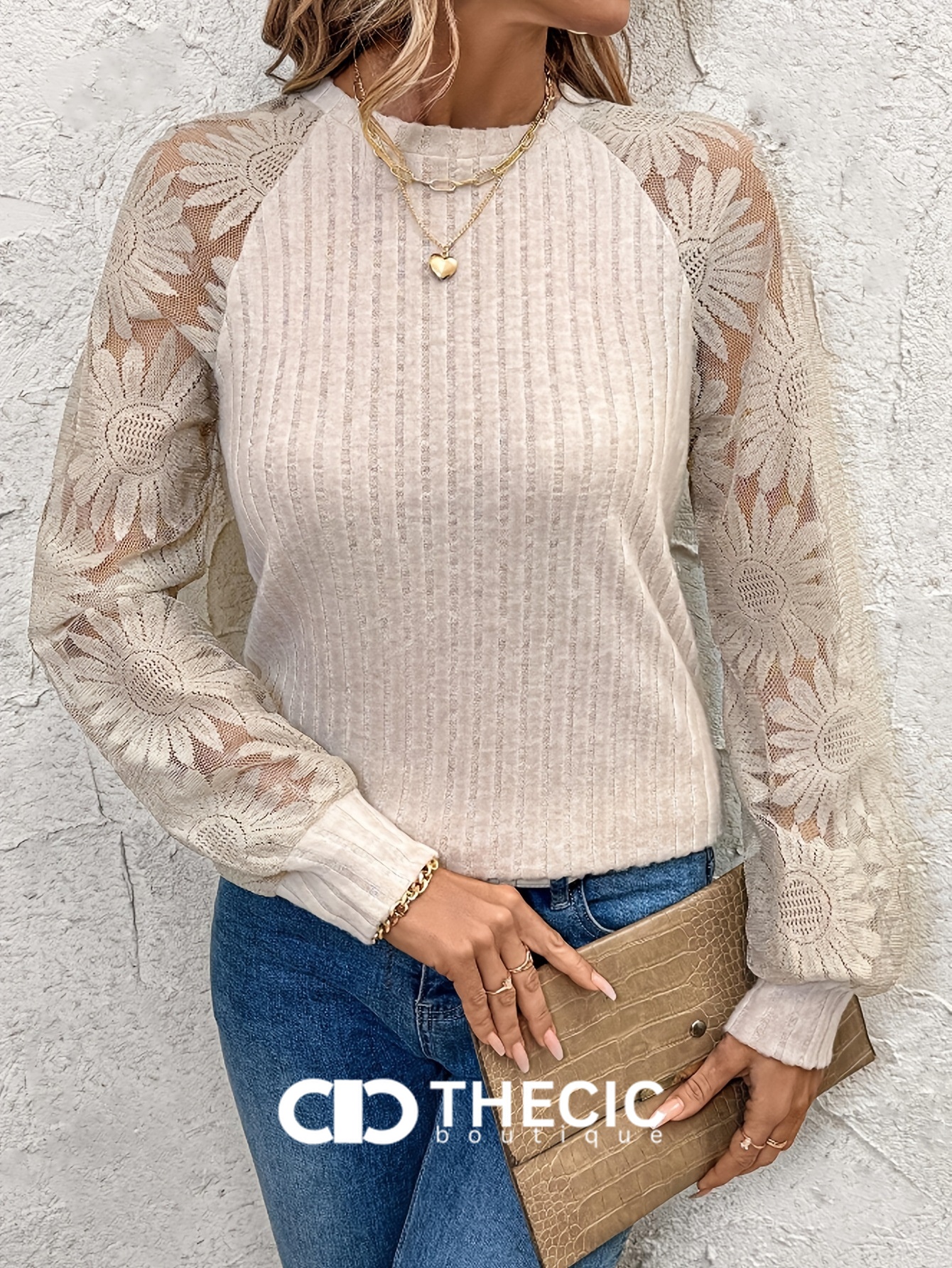 Ribbed Knit Floral Lace Raglan Sleeve Top