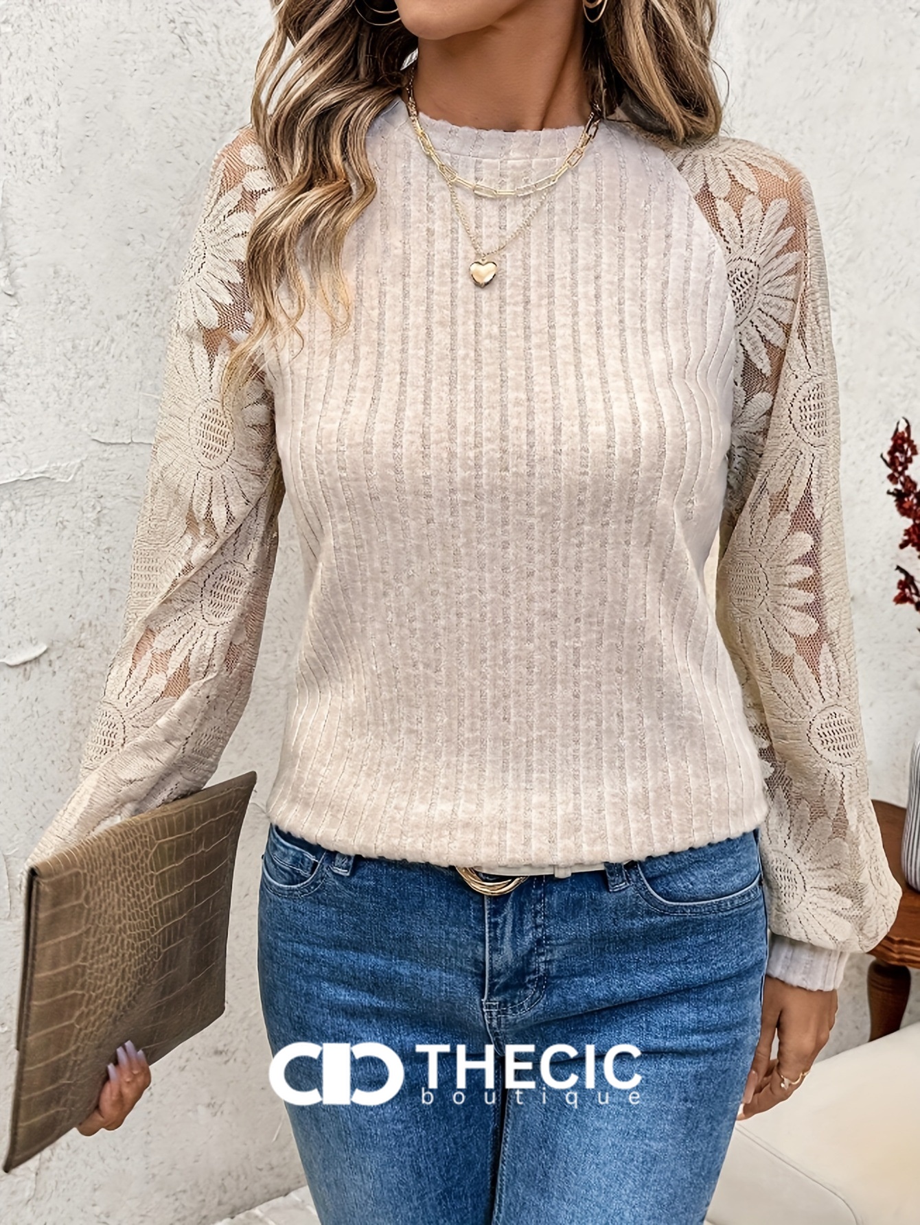 Ribbed Knit Floral Lace Raglan Sleeve Top