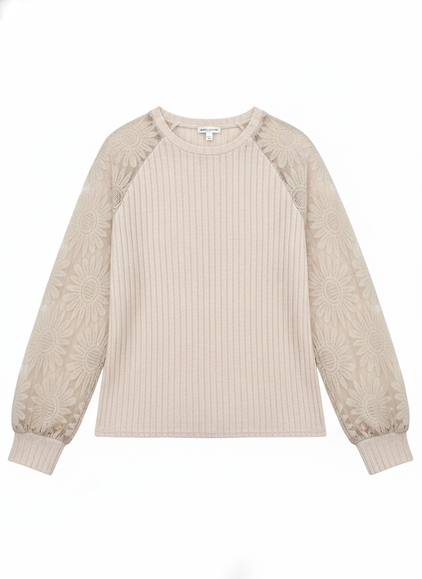 Ribbed Knit Floral Lace Raglan Sleeve Top