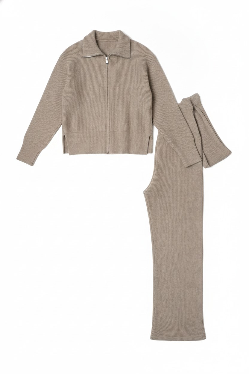 Ribbed Knit Full-Zip Collared Top & Wide-Leg Pants Set