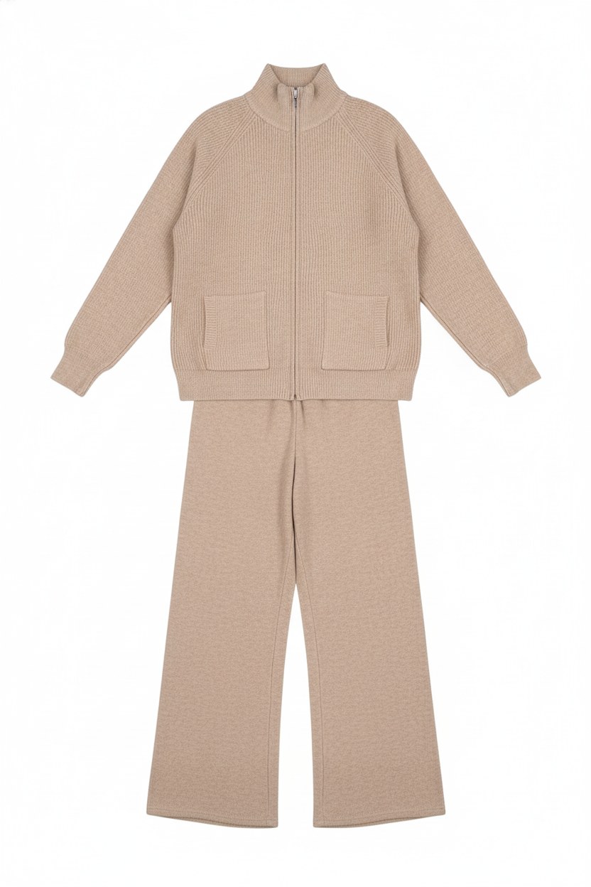 Ribbed Knit Full-Zip Jacket Wide-Leg Pants Set