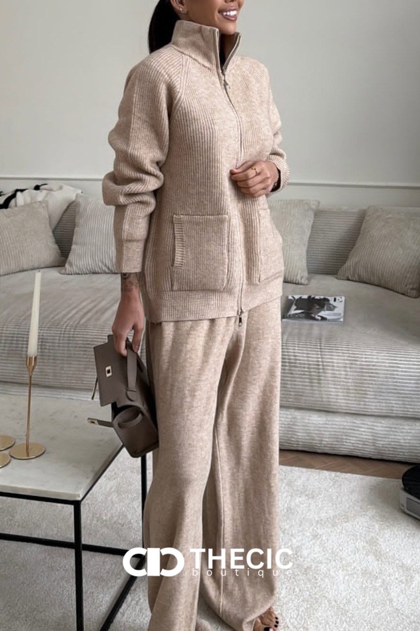 Ribbed Knit Full-Zip Jacket Wide-Leg Pants Set
