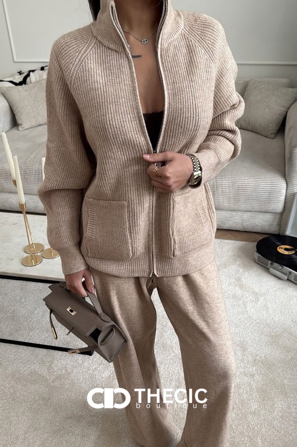 Ribbed Knit Full-Zip Jacket Wide-Leg Pants Set