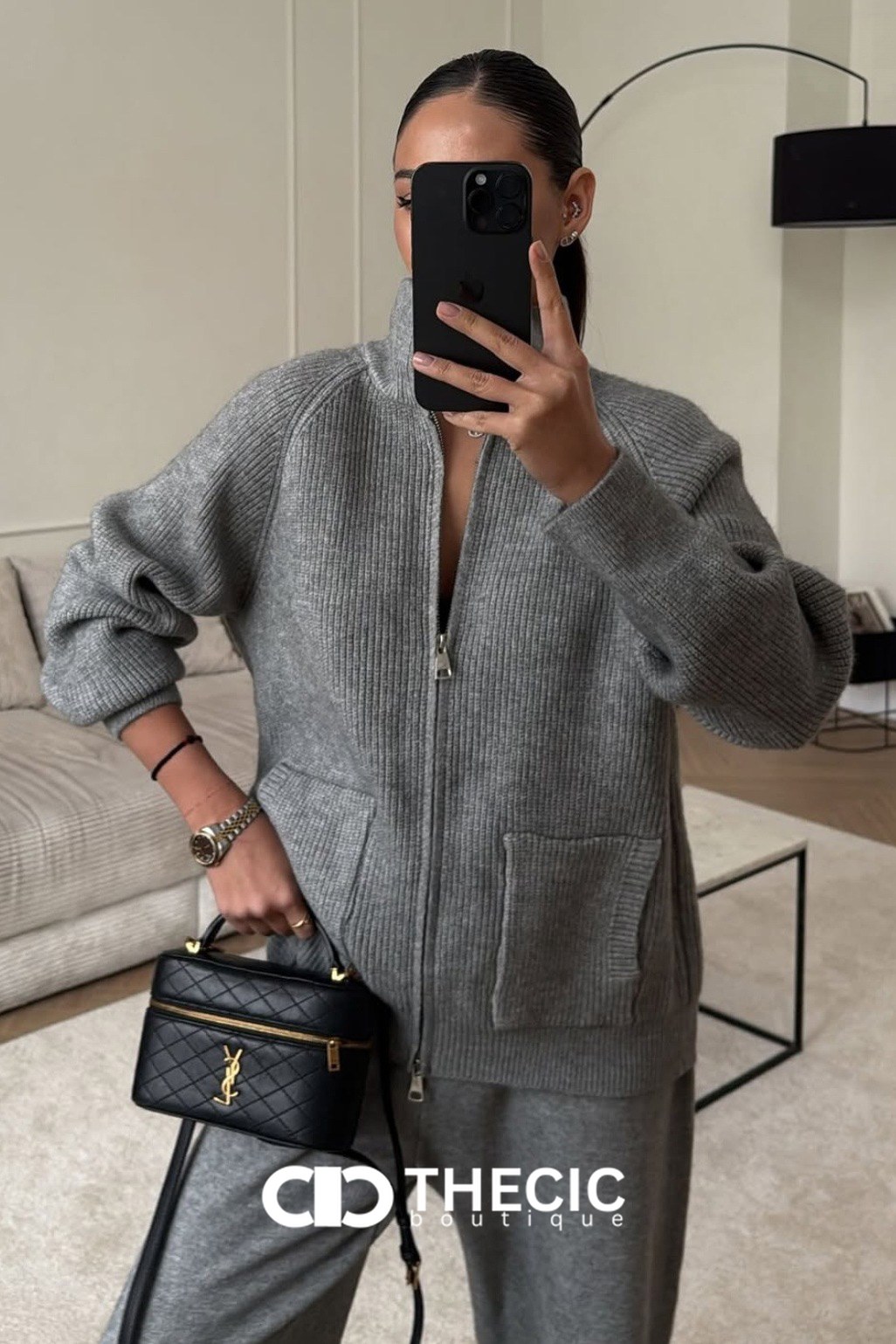 Ribbed Knit Full-Zip Jacket Wide-Leg Pants Set