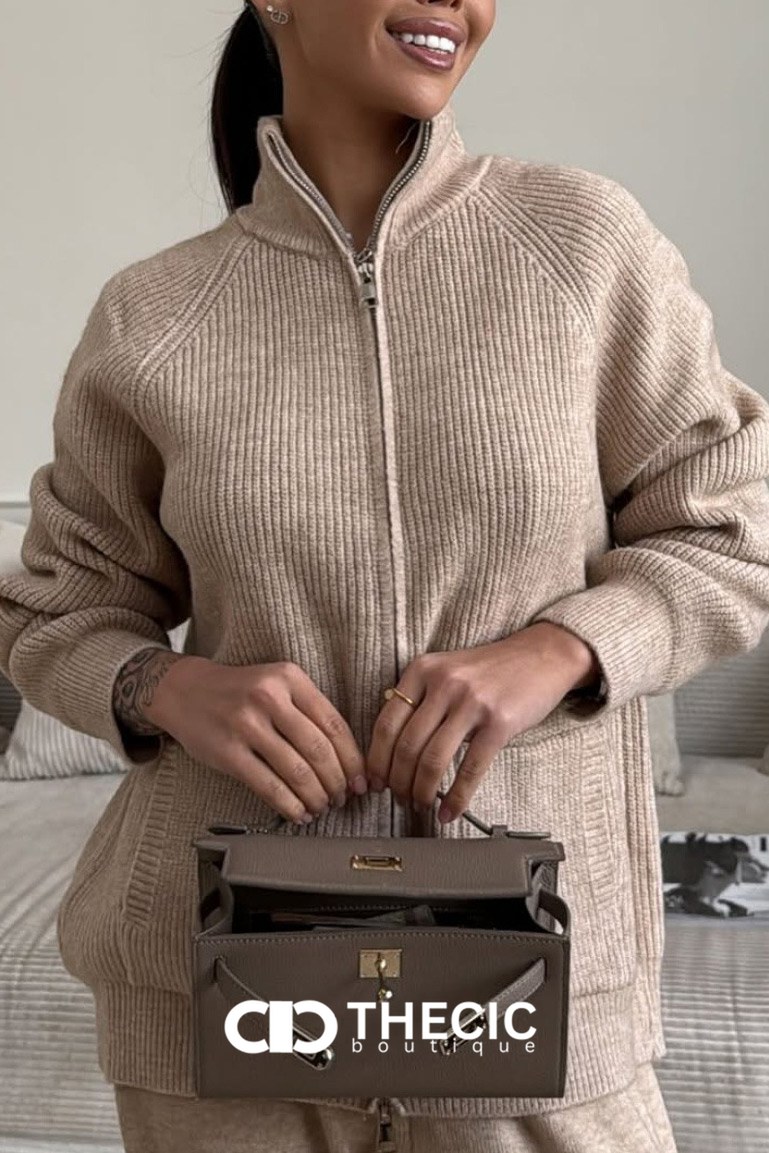Ribbed Knit Full-Zip Jacket Wide-Leg Pants Set