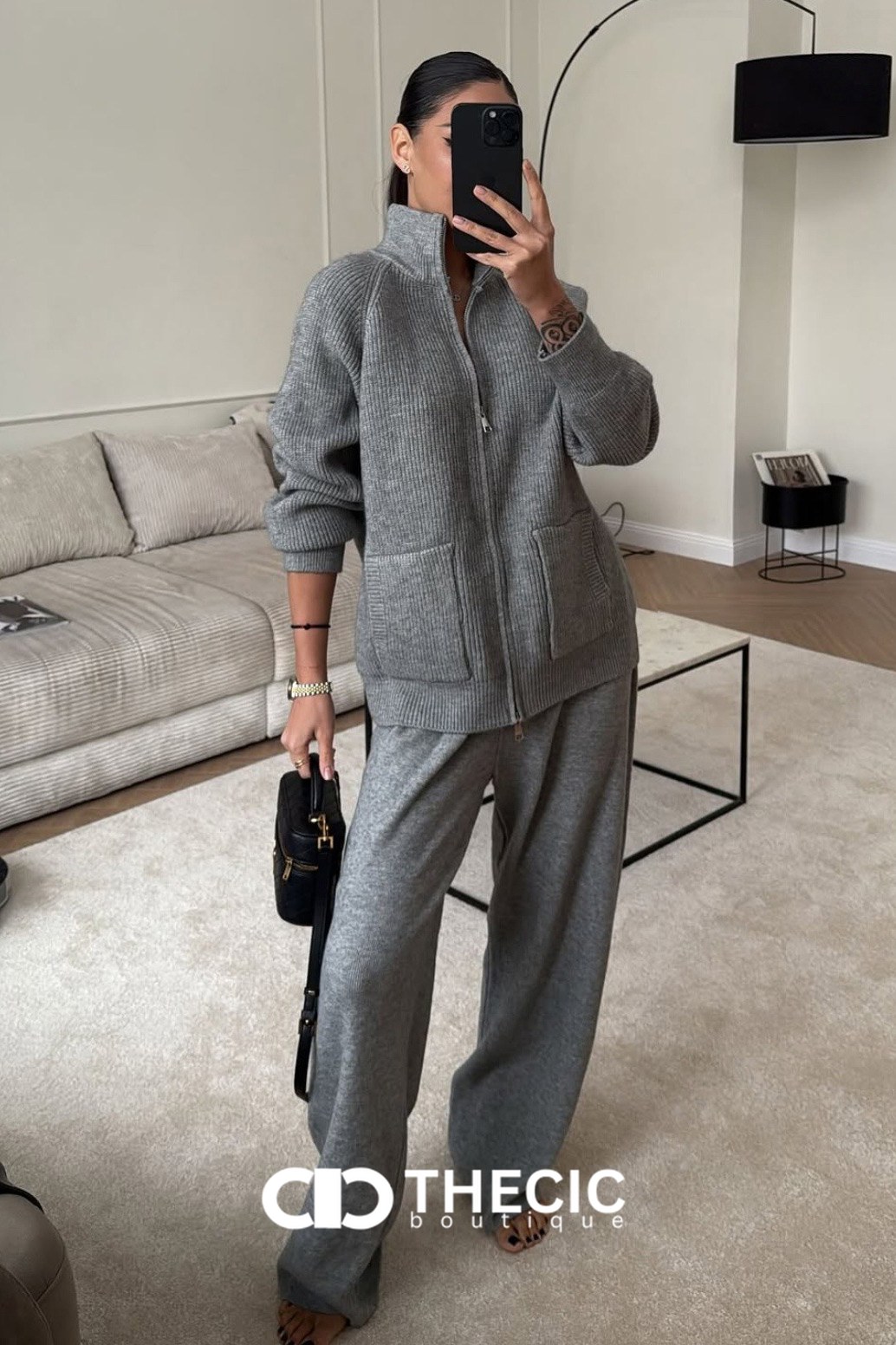Ribbed Knit Full-Zip Jacket Wide-Leg Pants Set