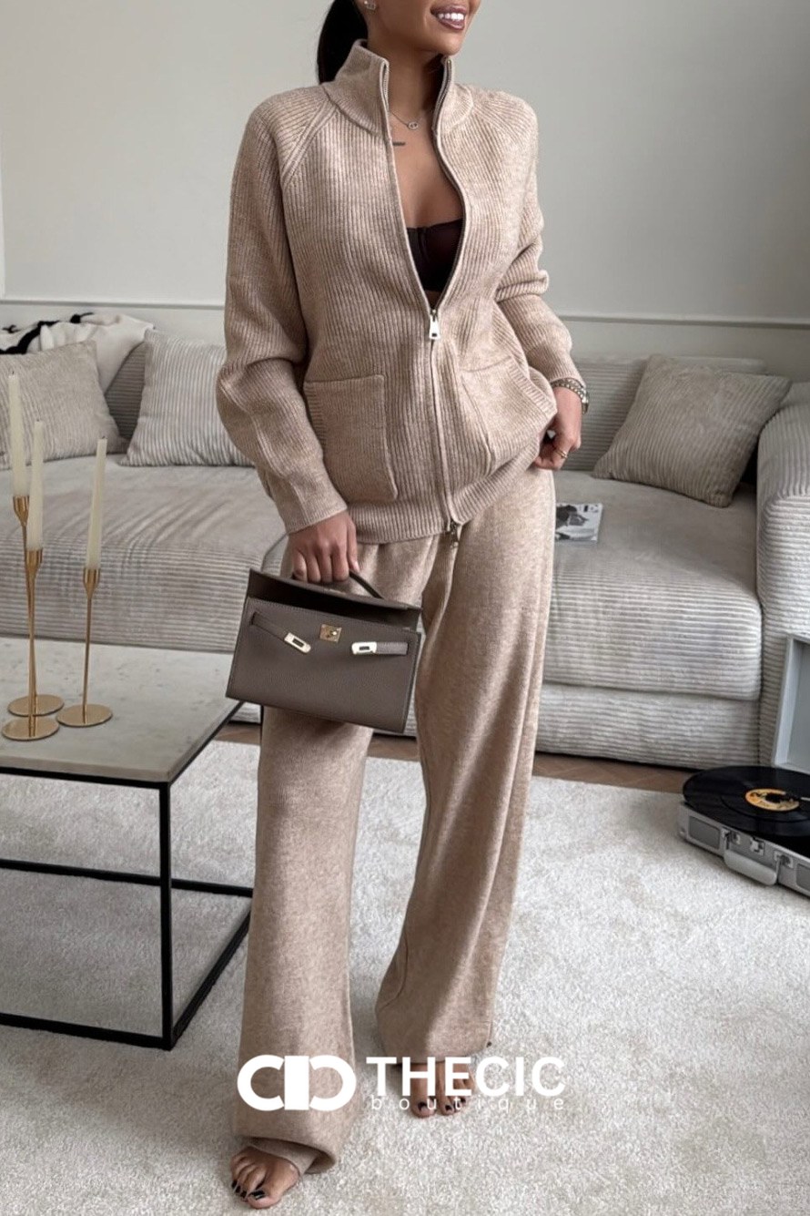Ribbed Knit Full-Zip Jacket Wide-Leg Pants Set