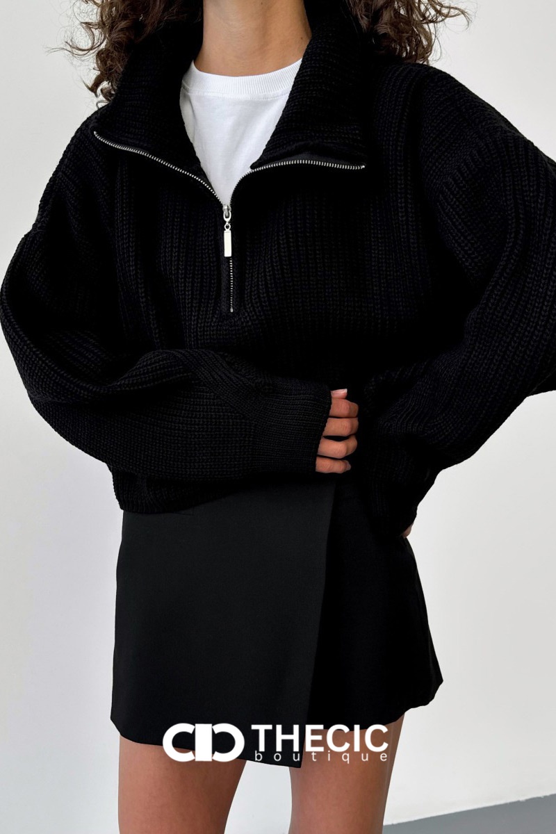 Ribbed Knit Half-Zip Cropped Oversized Sweater
